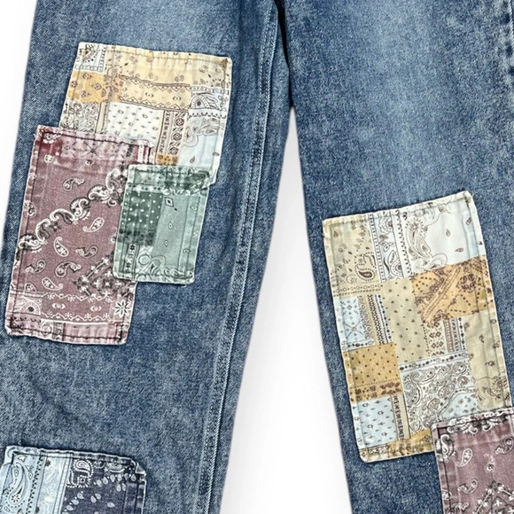 SO super high rise Dad Jeans Bandana Patchwork Denim Jeans size 3/26 - Picture 6 of 13